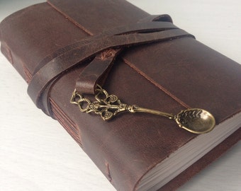A6 custom recipe book, blank recipe book, personalised recipe notebook, rustic brown leather w/charm, cook book, gifts for her, gift for him