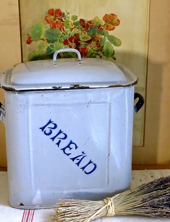 Vintage Enamel Bread Box Blue Letters Graniteware England
