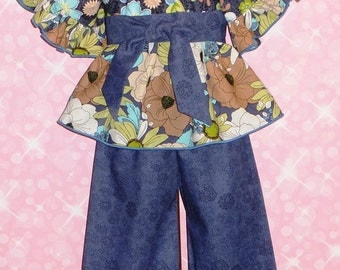 Girls Peasant Top, Ruffle Pants, Set, Boutique Fall Outfit Blue, Flower, Floral, Handmade, School Outfit, Baby 6 12 18, Toddler 2T 3T 4T 5T