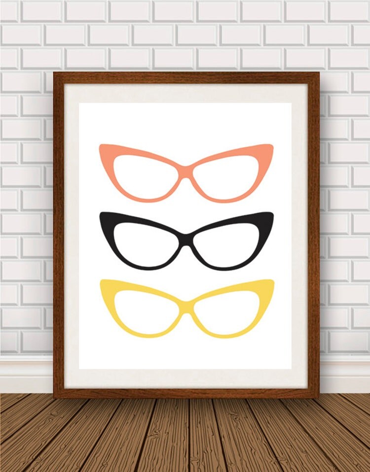 Cat Eye Glasses Art Print Pink Yellow Black Retro by bonmotprints