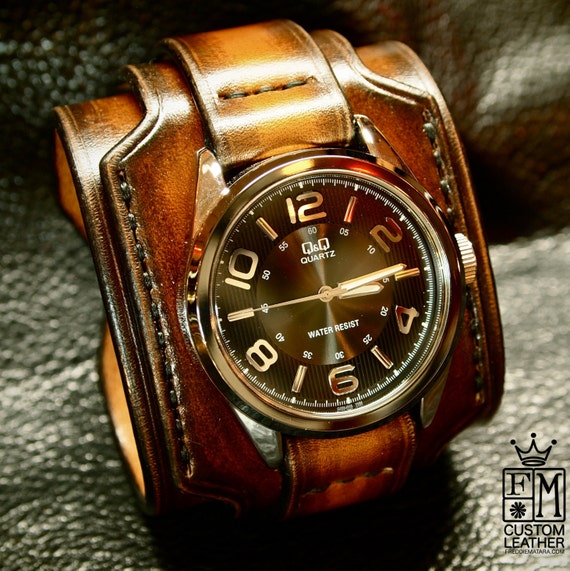 Leather cuff watch Brown Tobacco sunburst wide layered Brown watch band cuff Bracelet Handmade for YOU in NYC by Freddie Matara