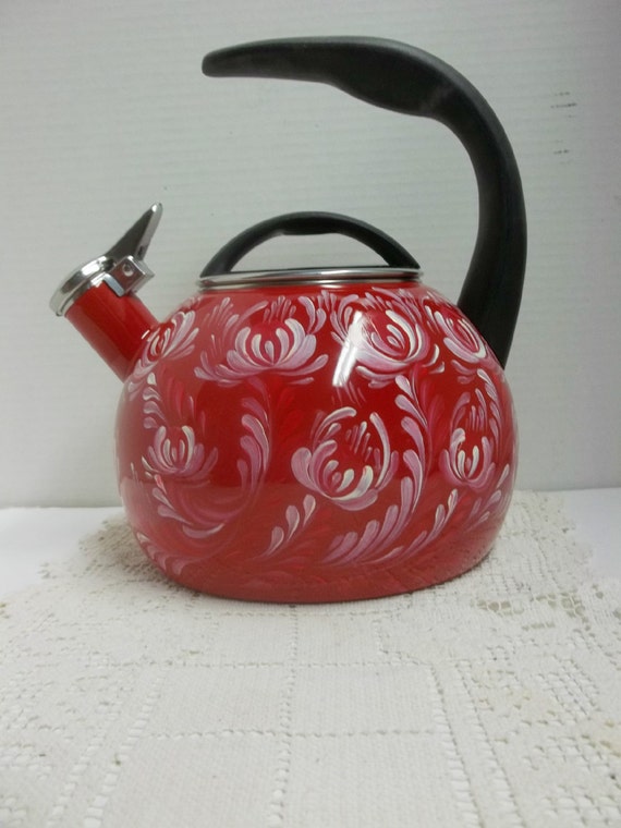 Tea Kettle Red Enamel Hand Painted Whistling Tea by FolkArtByNancy