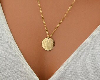 Large Disc Necklace, monogram Necklace, Gold Necklace, Circle Initial Necklace, Rose Gold, 14k Gold Fill, Sterling Silver Name Disc Necklace