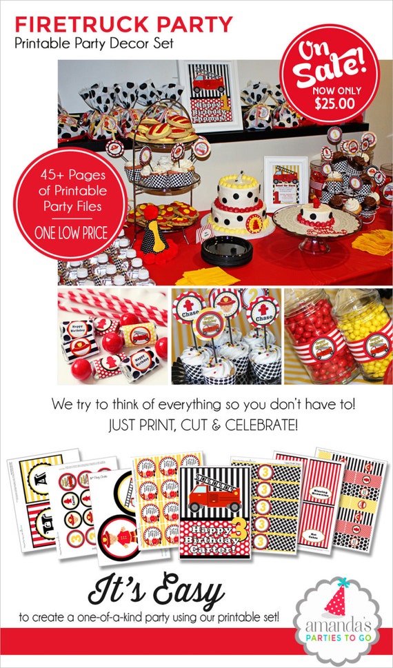 Firetruck Birthday Decorations | Firetruck Party Printable | Firefighter Birthday | Fireman Birthday | 1st Birthday | Amandas Parties To Go Il_570xn