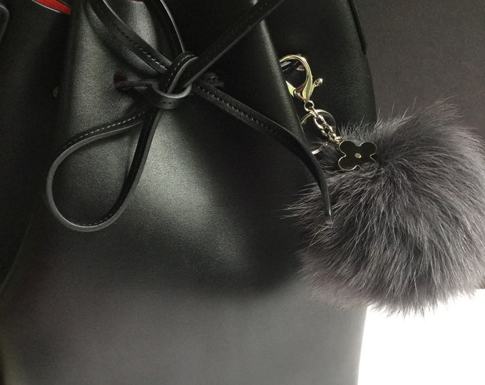 Dark Gray Fox Fur Pompom bag charm pendant Fur Pompoms keychain with flower clover charm in silver