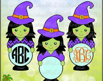 Halloween Design Cute Witch with Crystal Ball Monogram Base Digital Clipart and Cut File Jpeg Png SVG EPS DXF Instant Download
