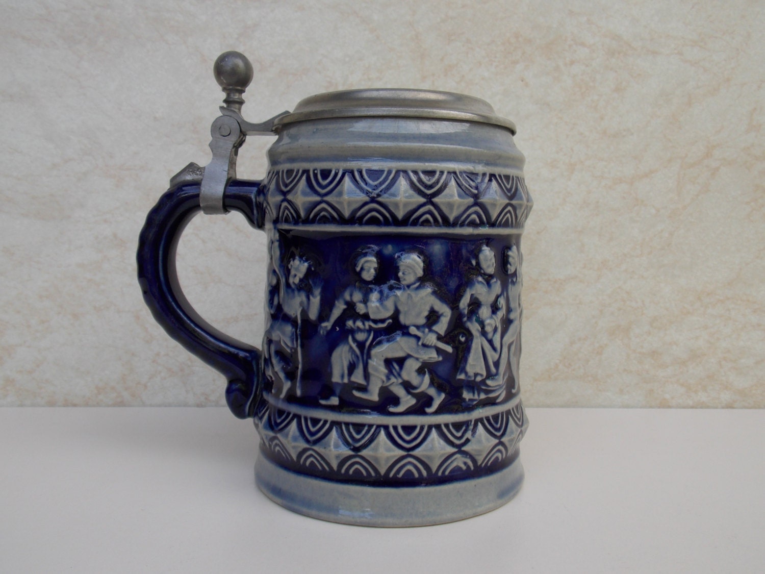 Vintage ceramic German Beer Stein mug pewter metal lid Dance