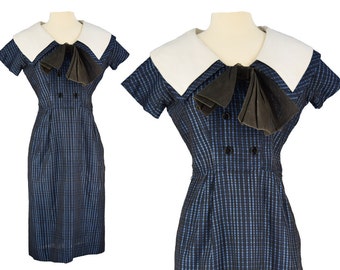 Vintage Dress, 1950s Dress, 50s Dress, Blue Vintage Dress, 50s Wiggle Dress, Sailor Dress, Rockabilly Dress, Pin Up Wiggle Dress, Size Small