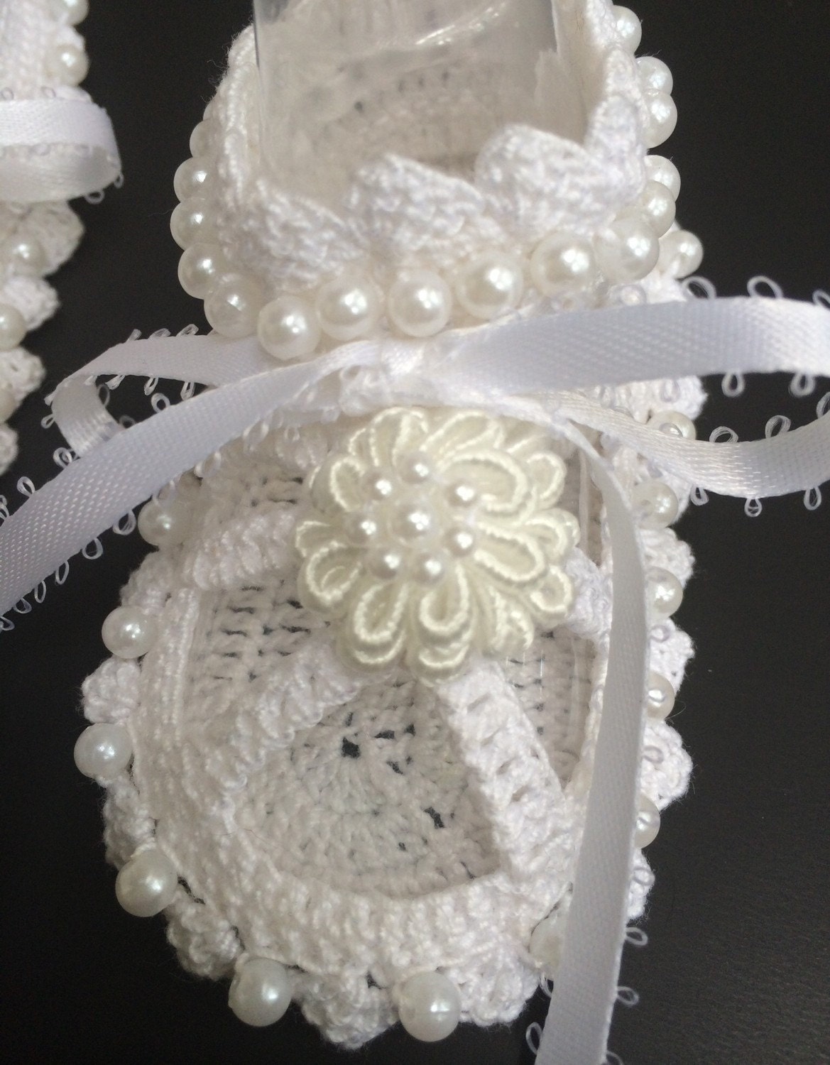White Christening/ Baptism Crochet Shoes w/ Ribbons and Pearls