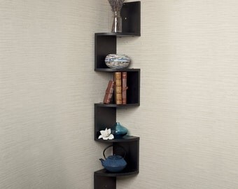 Corner Wall Mount Shelf, Floating, 5 Level, Zig Zag Storage Display, Black