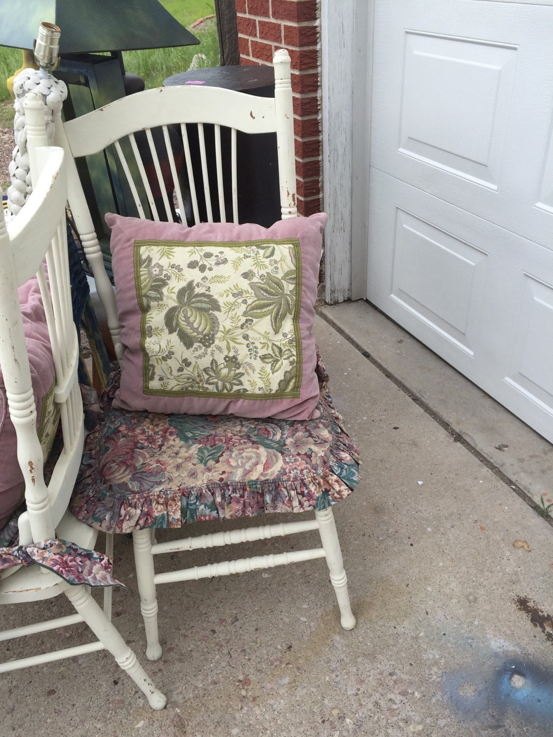 Two Vintage Shabby Chic Chairs w/ handstitched cushions Haute Juice