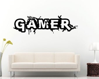 Gamer Word Logo Cracks Breaks Gaming Video Games Wall Decal Vinyl Sticker Mural Room Decor L912