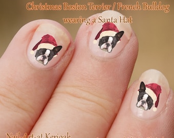 Christmas Boston Terrier Nail Art Stickers, Dog wearing a santa hat, Dog Nailart, Nail Decals, great gift item French Bulldog
