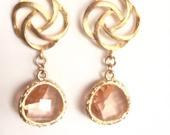 Gold Stud Earrings, Peach Earrings, Drop Dangle Earrings, Champagne Earrings, Modern, Flower Earrings, Crystal Earrings, Chanel Inspired
