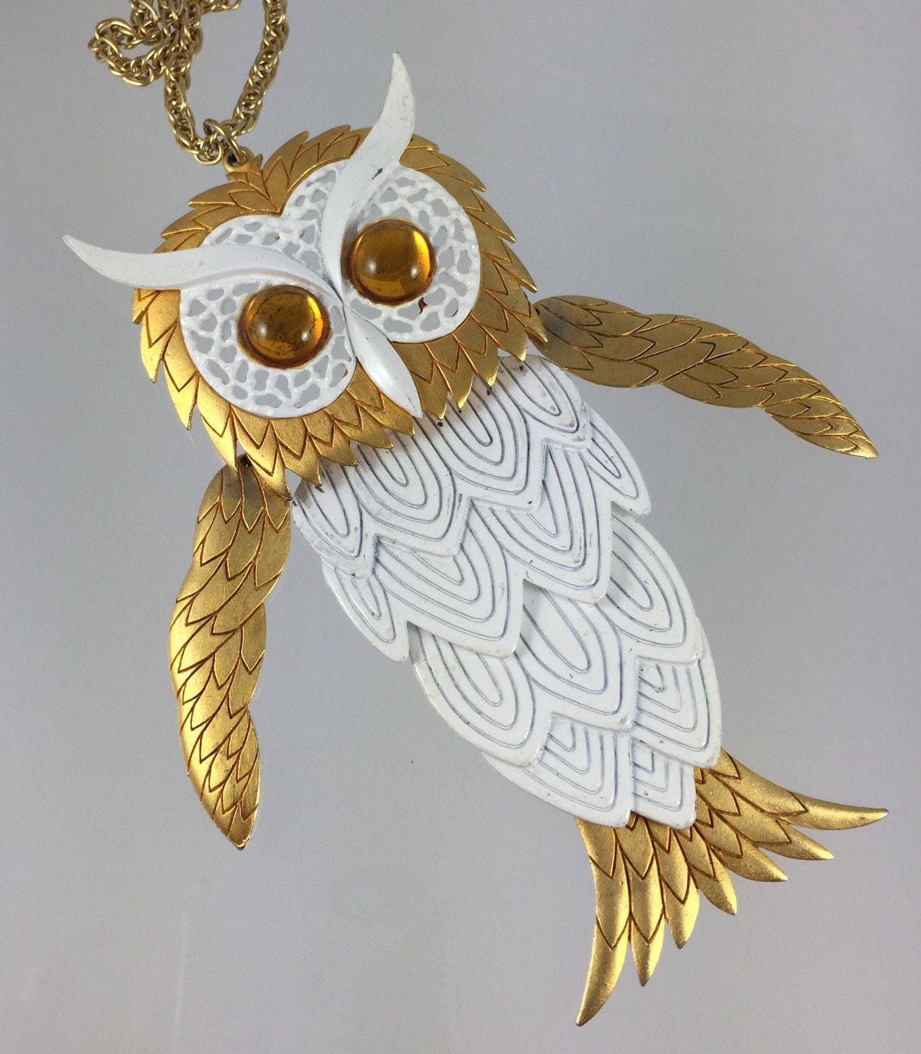 Vintage Large Articulated Owl Pendant Necklace 1970s White