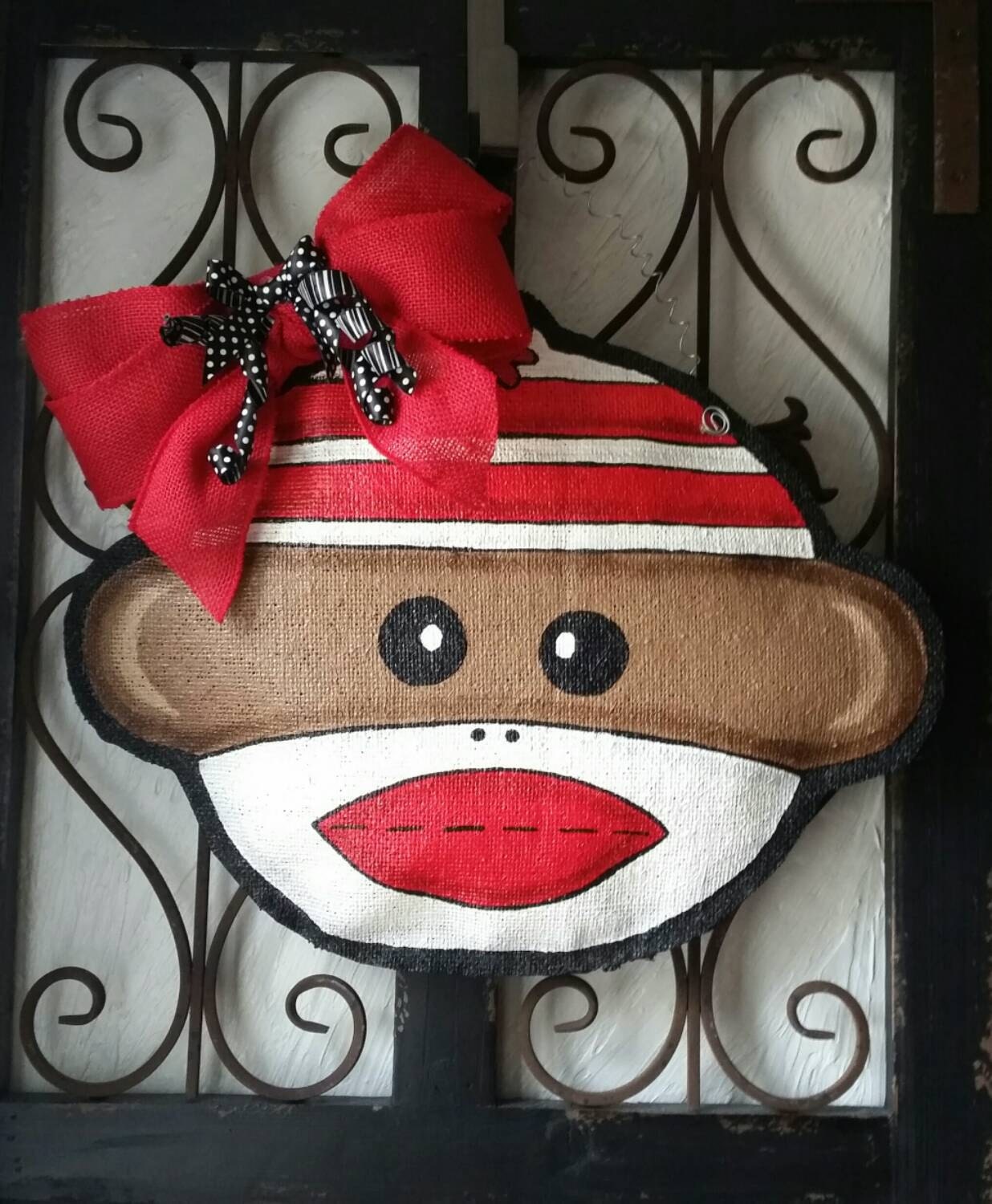 Sock Monkey burlap door or wall hanging nursery decor