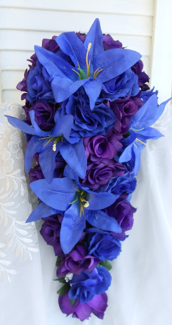 Silk Royal blue and purple tiger lilies and roses cascade