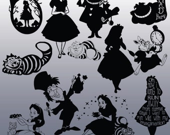 12 Alice In Wonderland Silhouette Images, Digital Clipart Images, Clipart Design Elements, Instant Download, Black Silhouette Clip art