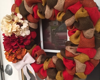 Autumn Fall Hydragea Burlap Bubble Wreath