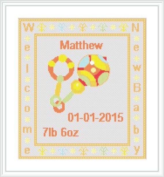 Welcome new baby cross stitch pattern. Personalise. Birth.