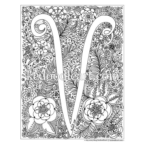 Download instant digital download letter V adult coloring page