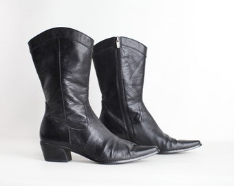 Women's Size 9 Black Leather Ankle Boots, Chunky Heel Pointed Toe Boots