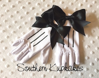 LADIES White MINNIE MOUSE Style Gloves Custom Costume Adult Teen Pre-teen Sized Gloves Bows Pageant BoUTIQUE New NwT Disney Mickey