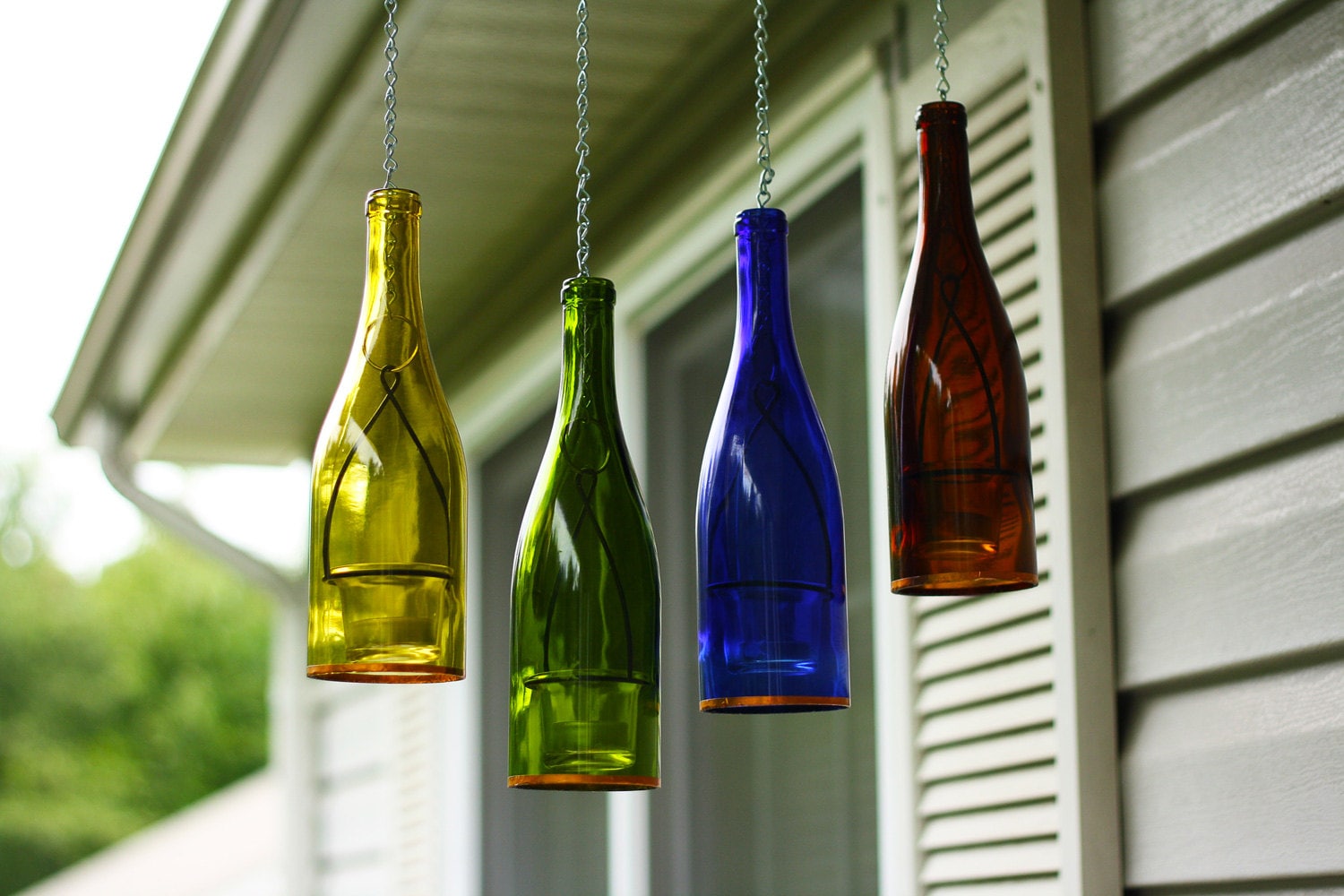 Four Hanging Wine Bottle Lanterns Outdoor Decor Hanging