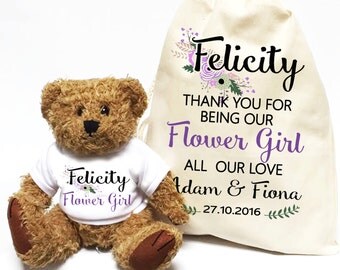 Flower girl wedding day gift personalised teddy bear with matching gift bag | Thank you flower girl favor.