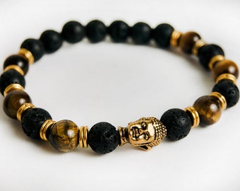 Genuine Tiger's Eye and Lava Buddha Bracelet