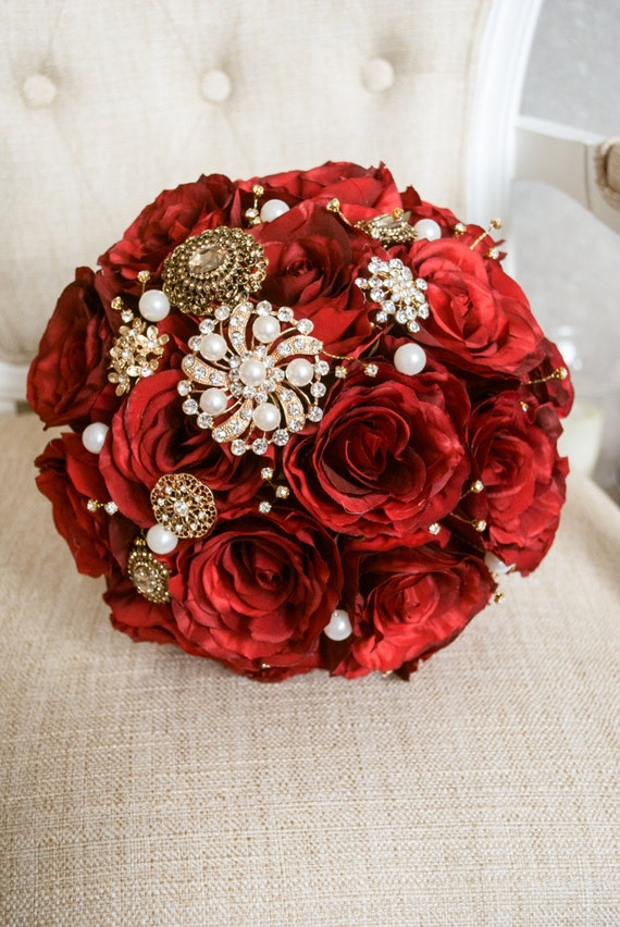 Red and gold silk wedding bouquet. Made with artificial roses