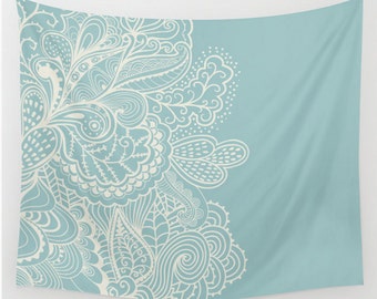 Wall Tapestry Mehndi Design Light Blue Off White Boho Bohemian Shabby Chic Dorm Room Apartment Home Decor