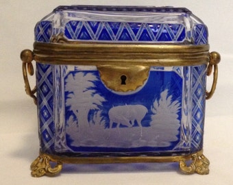 FREE SHIPPING-Antique-19th Century-Cobalt Blue-Cut To Clear-Czech-Bohemian-Handled-Hinged-Brass-Footed-Jewelry/Trinket-Casket/Box