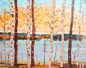 Impressionist landscape birch trees oil painting