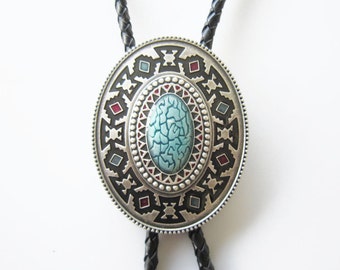 Cravate Bolo Western Southwest Ovale – Style Cowboy Américain En Cuir Véritable Et Argenté Antique