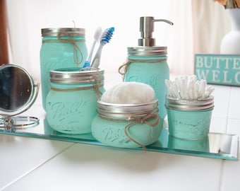 Mason Jar Set ~ Makeup Organizer ~ Mason Jar Bathroom Set ~ 5 ~ Toothbrush Holder ~ Soap Dispenser Jar ~ Distressed ~ Home Decor ~ Vintage