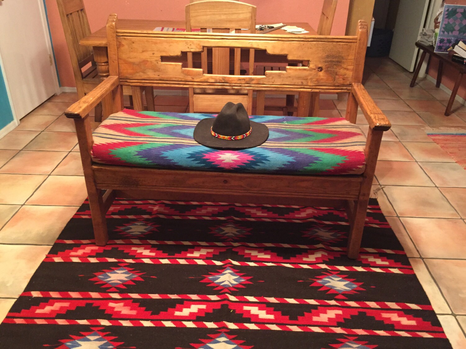 Mexican rug vintage Zapotec rug wool woven rug brown wool