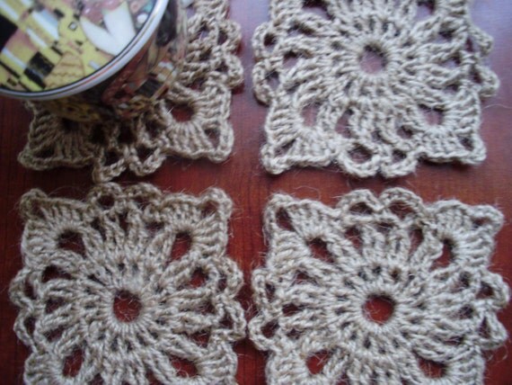 Coaster set of natural jute. Hand crocheted. Set of four (4). Eco-friendly.