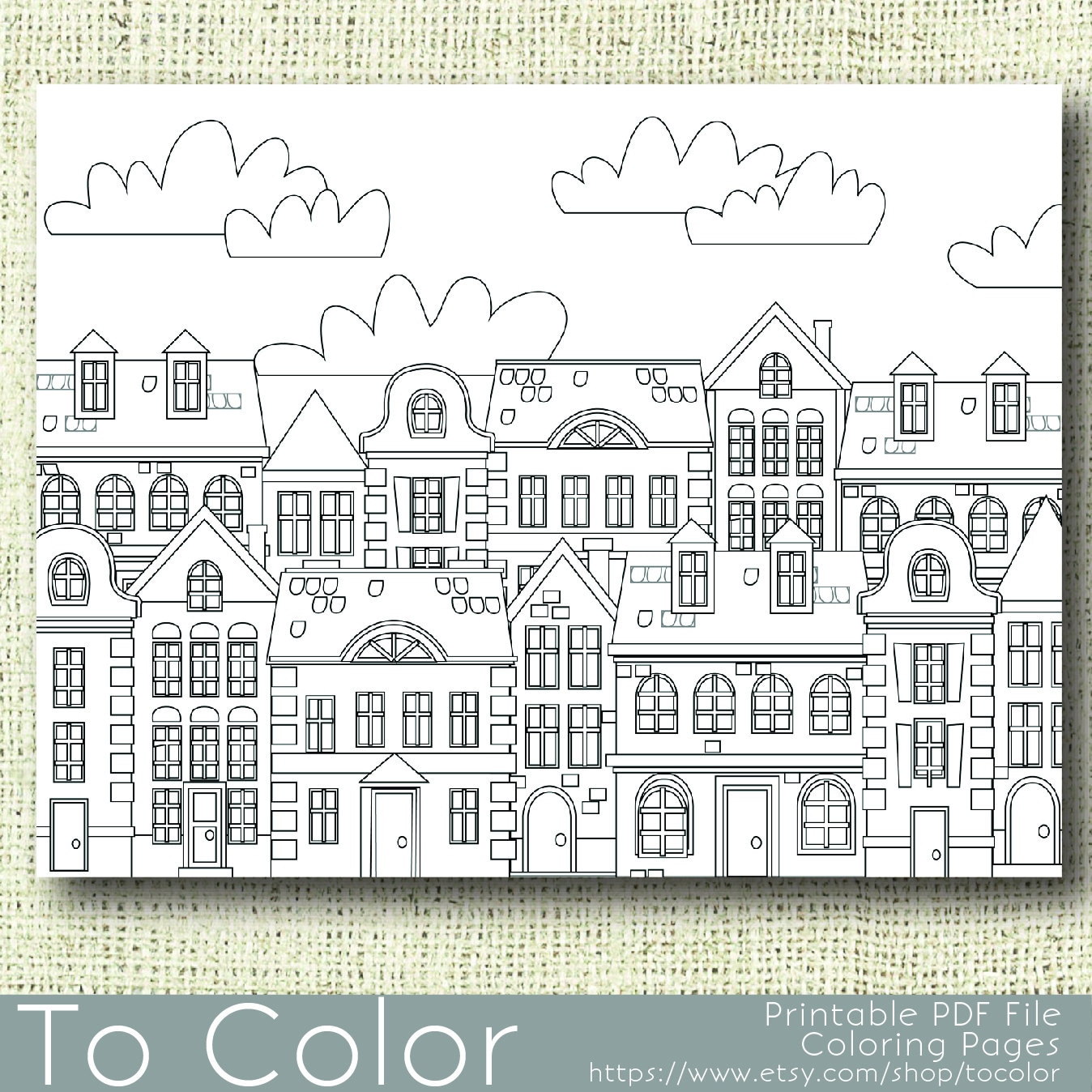 Printable Houses Coloring Page Adults Pdf Jpg Instant Download Book