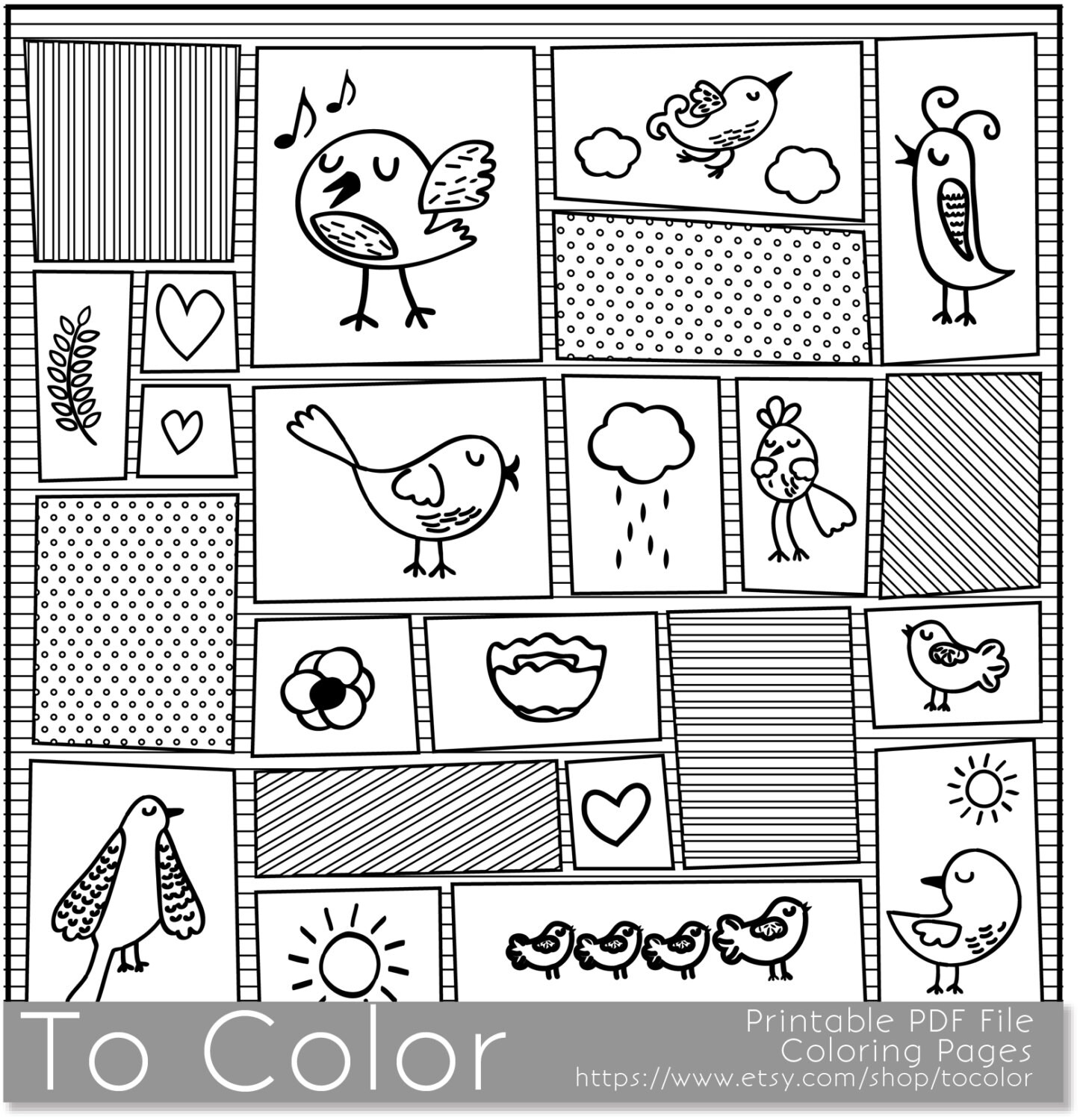 Download Printable Whimsical Birds Coloring Page for Adults PDF by ToColor