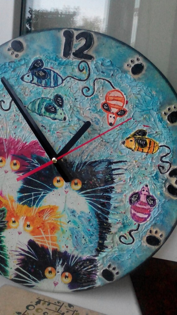 Items similar to Funny Cats Wall clock, Large Hand made wall clock