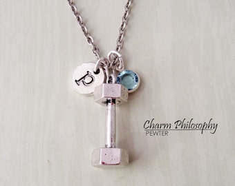 Dumbbell Necklace - Fitness Jewelry - Weight Lifting Necklace - Strength Necklace - Monogram Personalized Initial and Birthstone