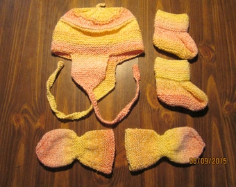 hat with earflaps, mittens, and booties set