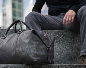 Real Leather Duffle / Duffel Bag by Fox Archer - Classic Black Leather Duffle Weekend Holdall Bag