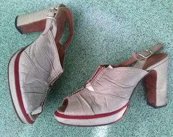 Vintage 1970s Shoes Cut Out Peep Toe Platform 40s Style US6