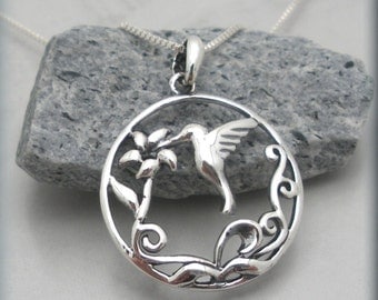 Hummingbird Necklace, Hummingbird Jewelry, Bird Necklace, Flower Jewelry, Nature Jewelry, Sterling Silver (SN883)