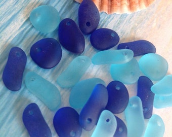 Sea glass drilled nuggets beads- cultured sea glass nuggets-beach glass pebbles-frosted glass supplies-mixed lot beads-blue glass Aqua drop
