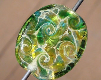 Green Goddess Silvered Lime Aqua Swirl Oval Tab Focal Lampwork Glass Bead by Solaris Beads 2525