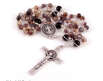 St Benedict Unbreakable Rosary Beads Botswana Agate Black Onyx Italian Medals by Unbreakable Rosaries