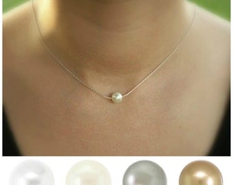 Dainty pearl necklace, bridesmaid gift set, necklace set, floating pearl necklace, single pearl, bridesmaid necklace, custom pearl color
